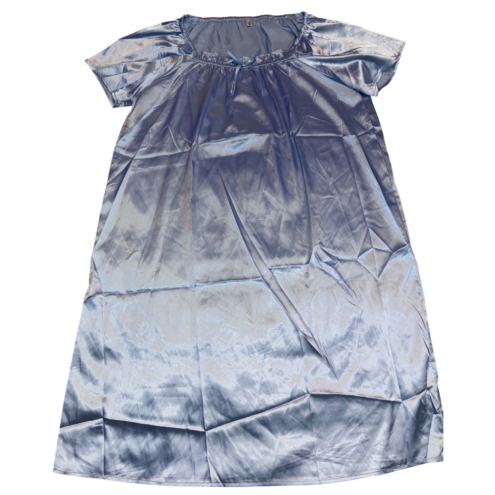 NEW Ekouaer Womens Blue Satin‎ Short Sleeve Nightgown Sleepwear Dress, Size M